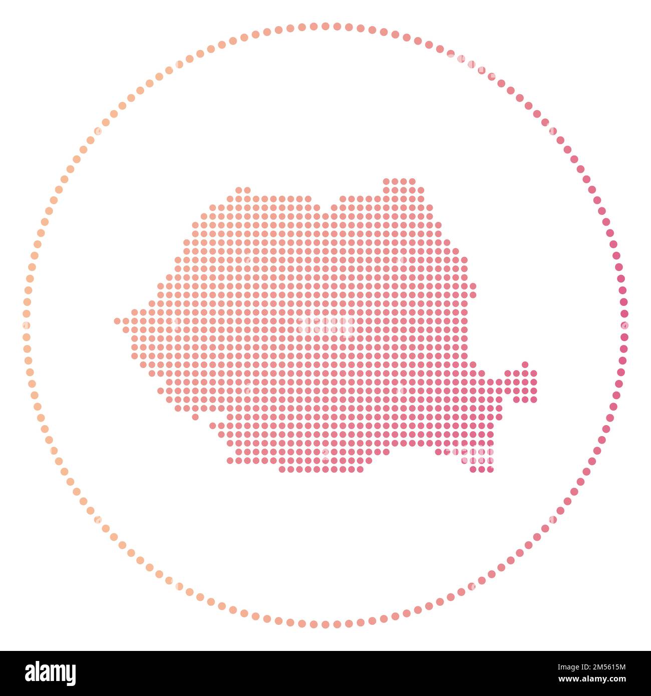 Badge digitale Romania. Mappa in stile punteggiato della Romania in cerchio. Icona tecnica del paese con punti sfumati. Impressionante illustrazione vettoriale. Illustrazione Vettoriale