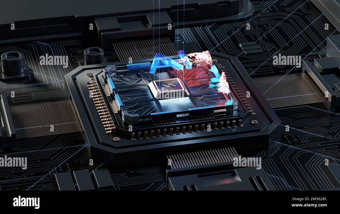 Futuristico processore a microchip con luci su sfondo nero. Computer quantistico, elaborazione di grandi quantità di dati, concetto di database. CPU isometrica. Centrale Foto Stock