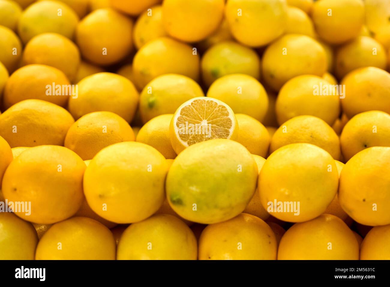 Limoni al mercato. Esposizione colorata di limoni in Un mercato. Foto Stock
