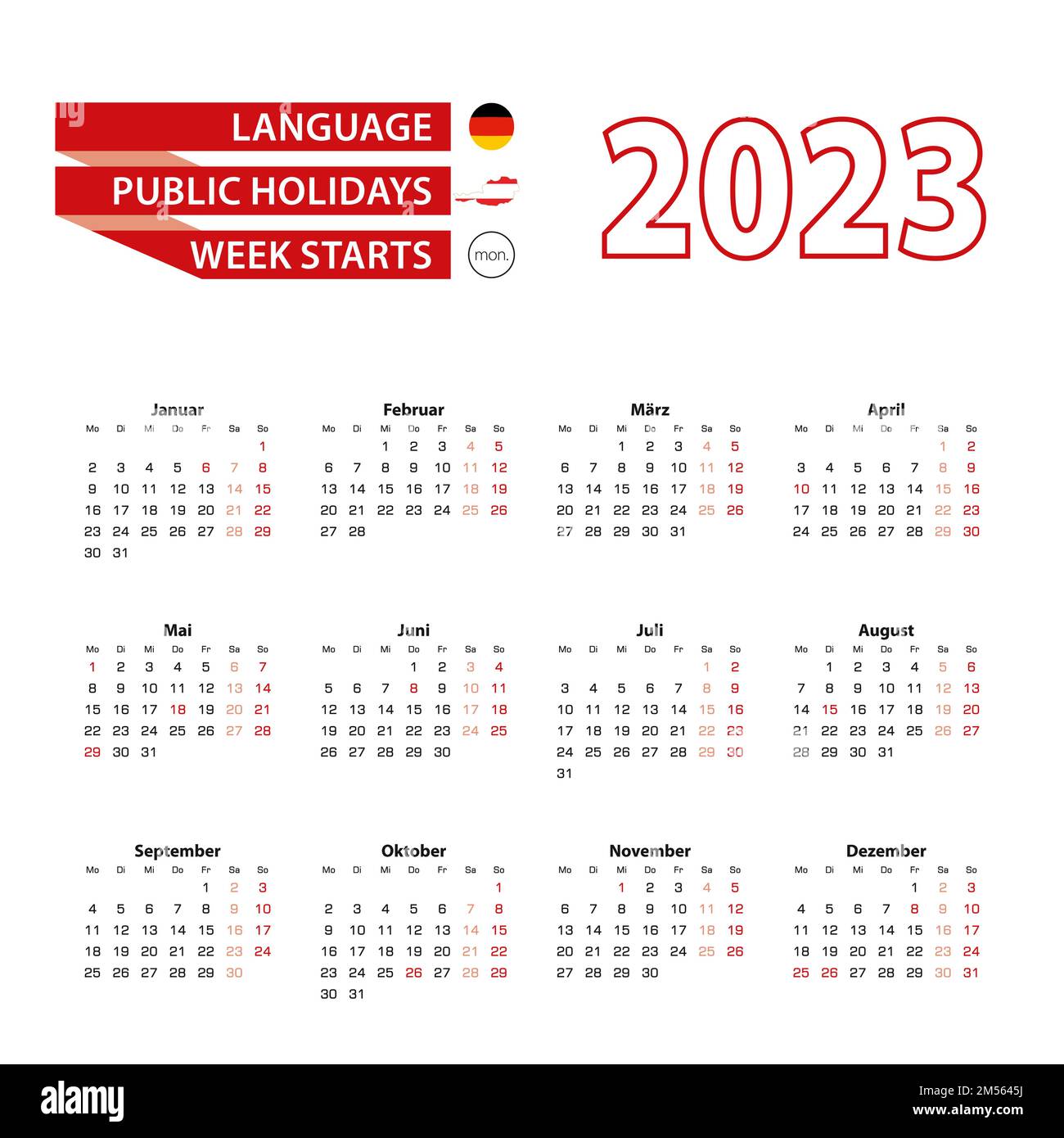 Calendario 2023 in lingua tedesca con giorni festivi il paese dell'Austria nel 2023. La settimana inizia dal lunedì. Illustrazione vettoriale. Illustrazione Vettoriale