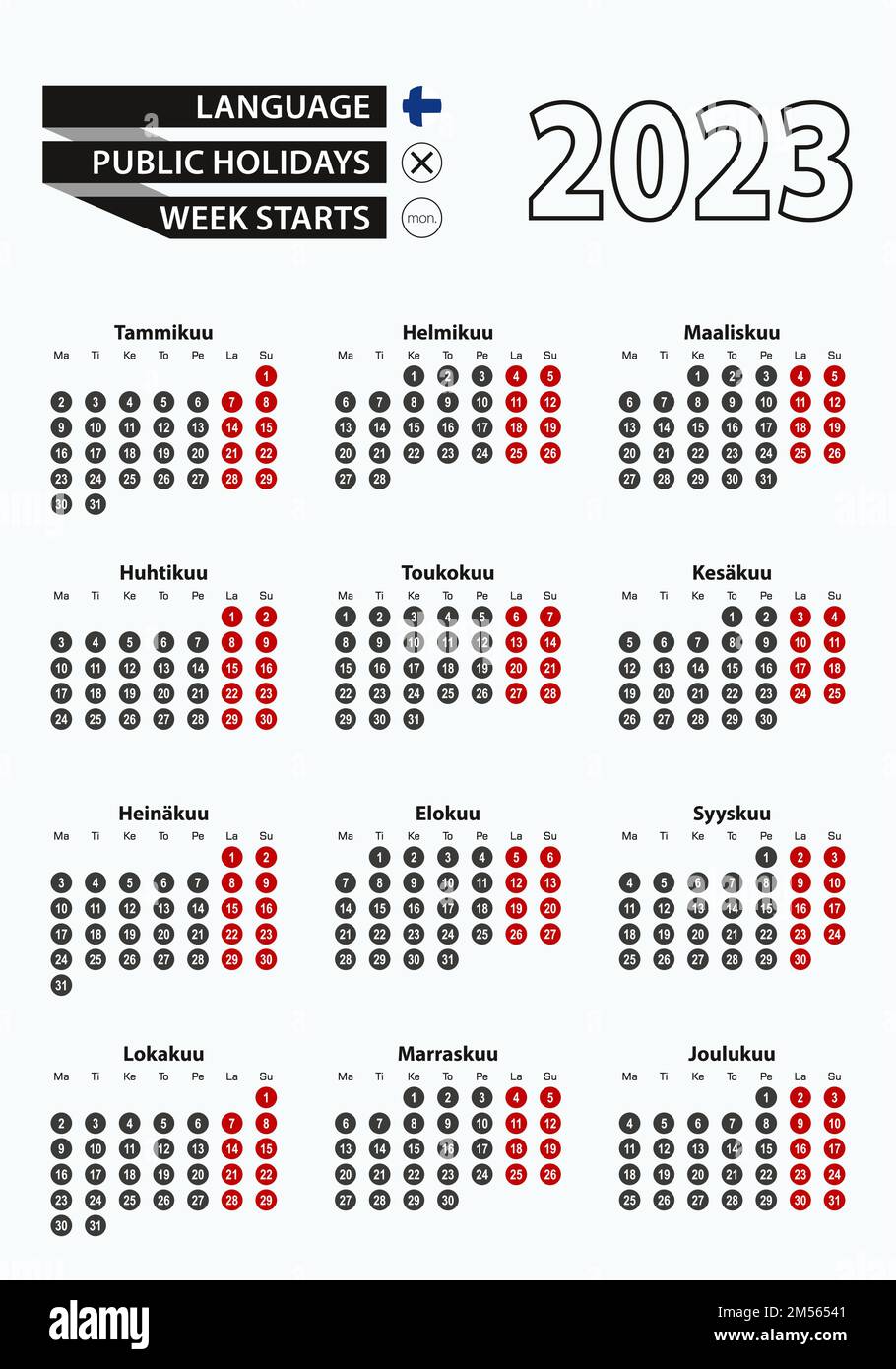 Calendario vettoriale modello 2023 con numero in cerchi, calendario finlandese semplice per l'anno 2023. Illustrazione vettoriale. Illustrazione Vettoriale
