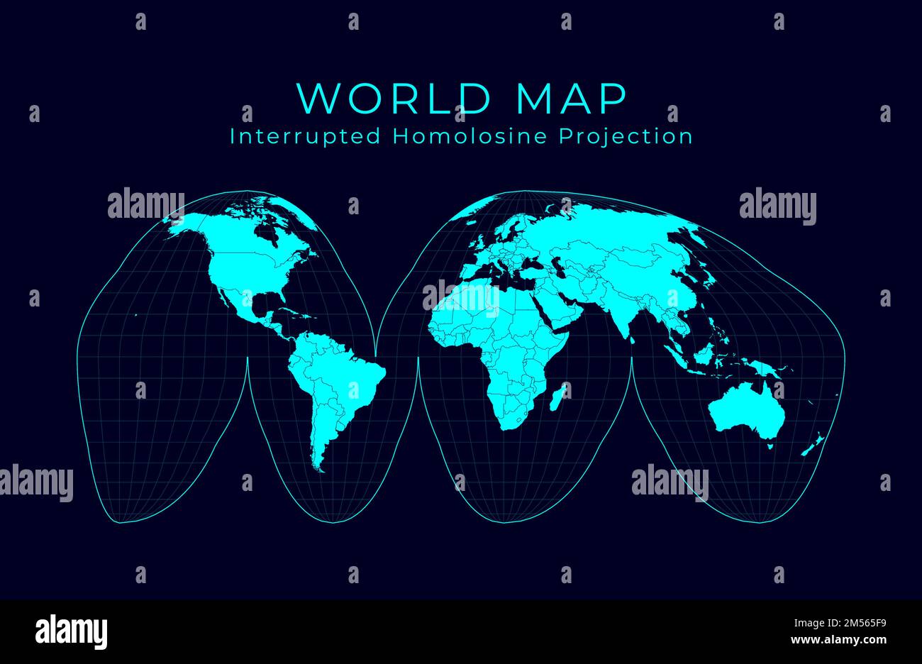 Mappa del mondo. Goode ha interrotto la proiezione dell'omolosina. Futuristica illustrazione del mondo dell'infografica. Colori ciano chiari su sfondo scuro. Illustrazione Vettoriale