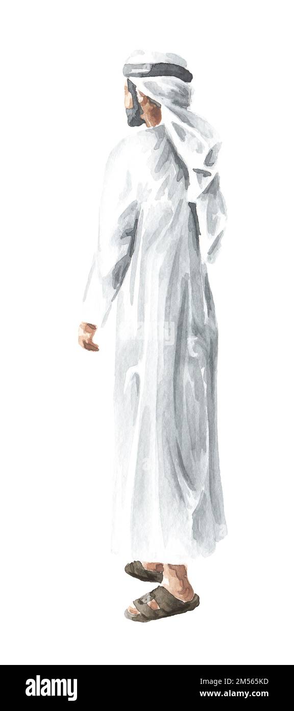 Uomo arabo in abiti bianchi tradizionali. Illustrazione di acquerello disegnata a mano isolata su sfondo bianco Foto Stock