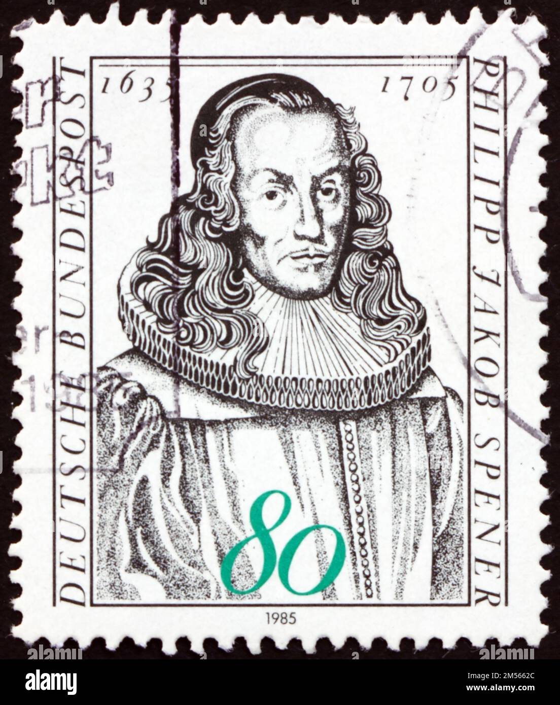 GERMANIA - CIRCA 1985: Un francobollo stampato in Germania mostra Philipp Jakob Spener, era un teologo e leader religioso luterano tedesco, circa 1985 Foto Stock