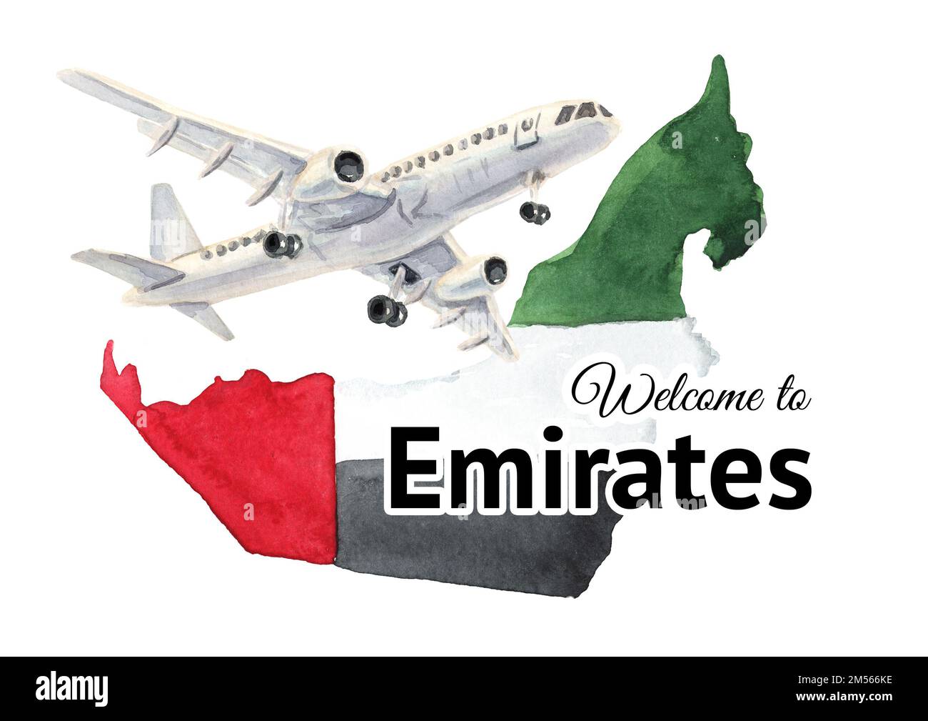 Carta di benvenuto Emirates. Flag, simbolo. Illustrazione di acquerello disegnata a mano isolata su sfondo bianco Foto Stock