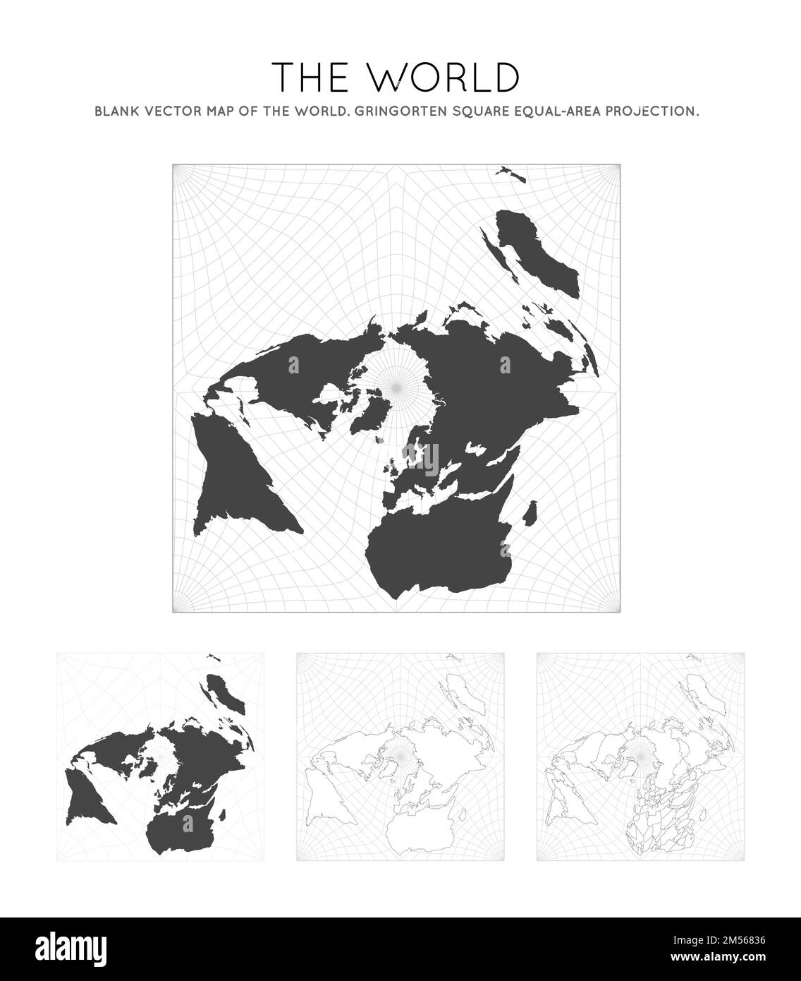 Mappa del mondo. Proiezione quadrata di Gringorten Quincuncial a pari area. Globo con linee di latitudine e longitudine. Illustrazione Vettoriale
