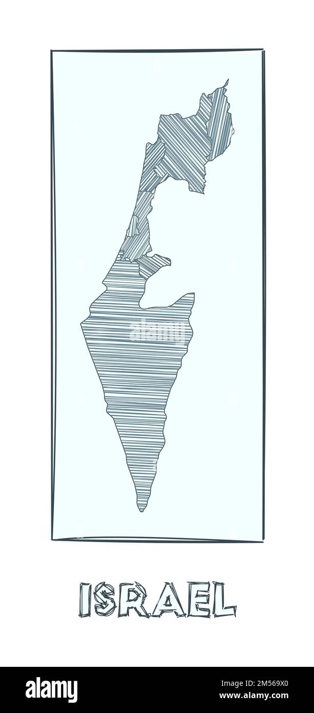 Schizzo della mappa di Israele. Mappa del paese disegnata a mano in scala di grigi. Regioni riempite con strisce di hachure. Illustrazione vettoriale. Illustrazione Vettoriale