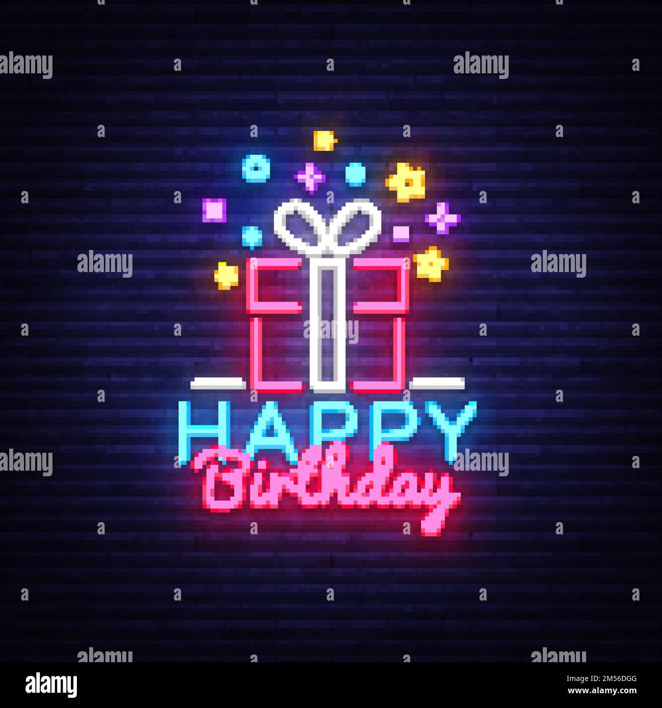 Cartello al neon con fetta di torta. Cartello luminoso con trattamento di compleanno. Pubblicità