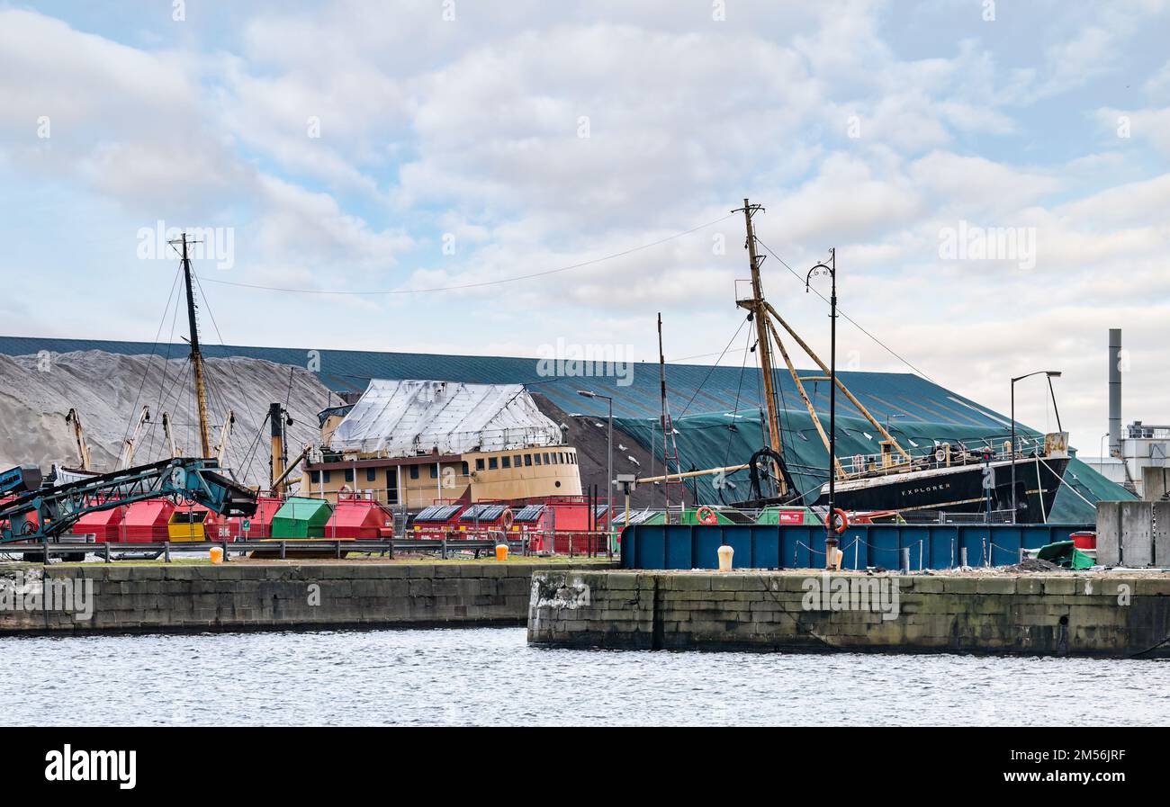 Nave a vapore SS Explorer ormeggiata a Leith Harbour, Edimburgo, Scozia, Regno Unito Foto Stock