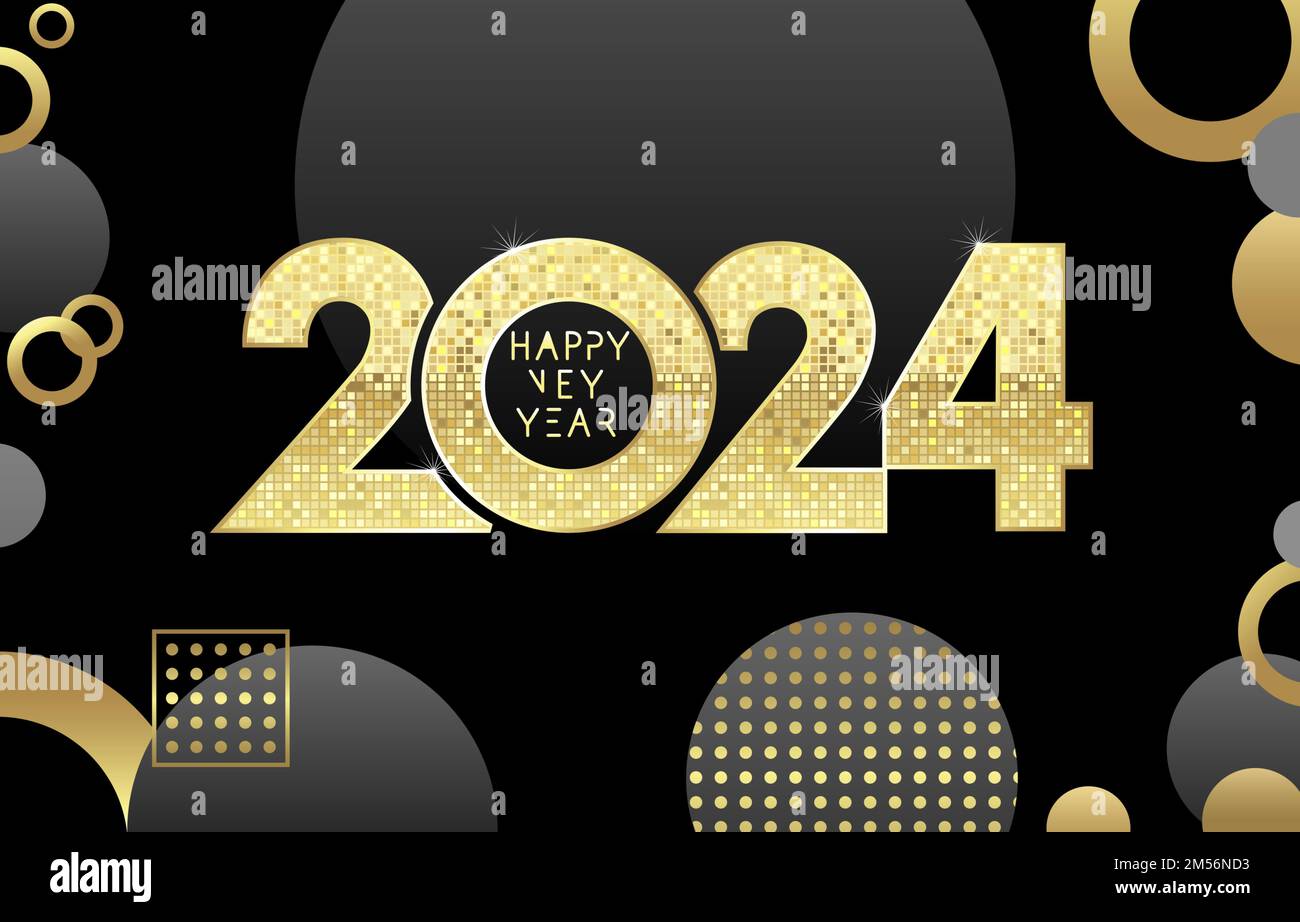 Buon anno 2024, logo mosaico dorato. 2024 modello di lusso. Illustrazione vettoriale su sfondo nero Illustrazione Vettoriale