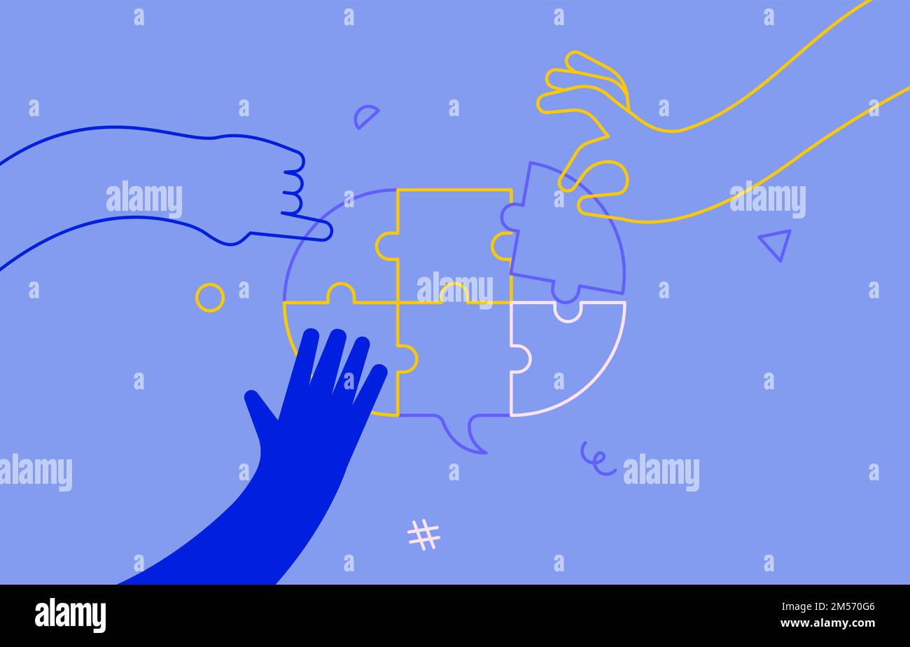 Gruppo di persone risolvere puzzle discorso balloon insieme. Idea del team aziendale brainstorm concetto o progettazione di comunicazione sociale. Moderno profilo piatto stile c Illustrazione Vettoriale