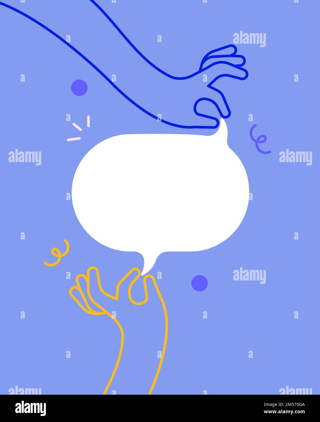 Mani di persone che tengono vuoto palloncino di parlato. Concetto di idea del team aziendale o progettazione della comunicazione sociale. Cartoni animati aziendali dallo stile moderno e piatto. Illustrazione Vettoriale