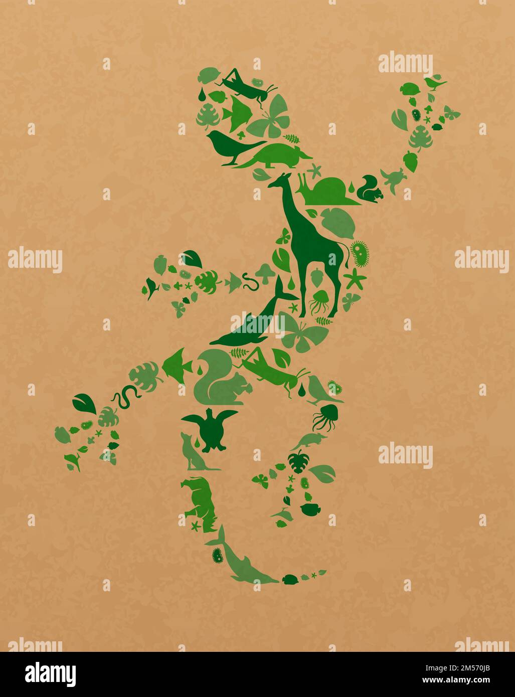 Forme icone animali verdi Imposta l'illustrazione sulla trama della carta riciclata. Diversi animali selvatici silhouette forma lucertola per un concetto o un ambiente eco-friendly Illustrazione Vettoriale
