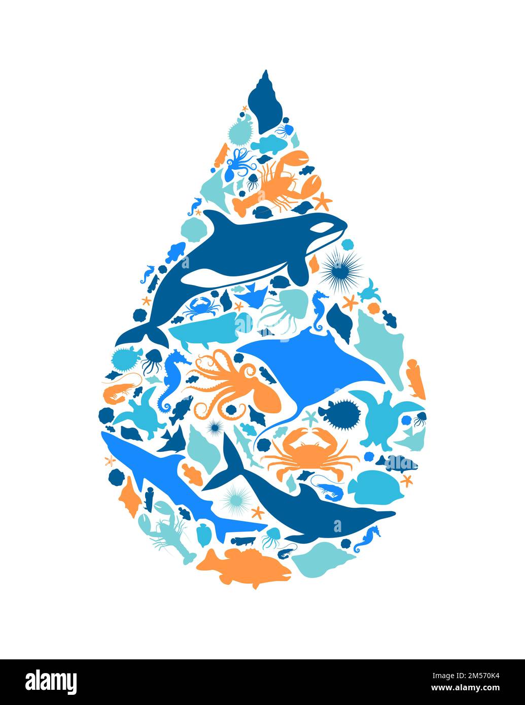 Diverse forme di animali marini che fanno cadere l'acqua forma su sfondo bianco isolato. Illustrazione della silhouette degli animali acquatici piatti. Pesce acquario o trop Illustrazione Vettoriale