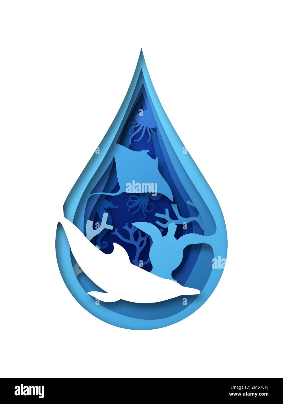 Blu animali subacquei all'interno stratificato papercut acqua goccia illustrazione. La conservazione della fauna selvatica o il concetto di protezione della barriera corallina include delfini e mare Illustrazione Vettoriale