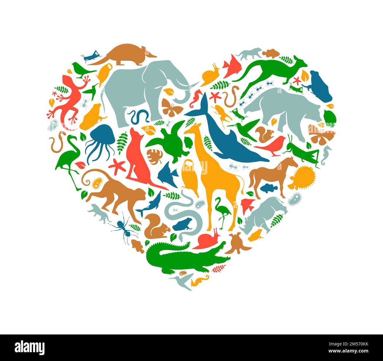 Diverse forme animali che fanno forma del cuore su sfondo bianco isolato. Illustrazione della silhouette degli animali colorati per il concetto di amore della vita selvaggia o per l'ira Illustrazione Vettoriale