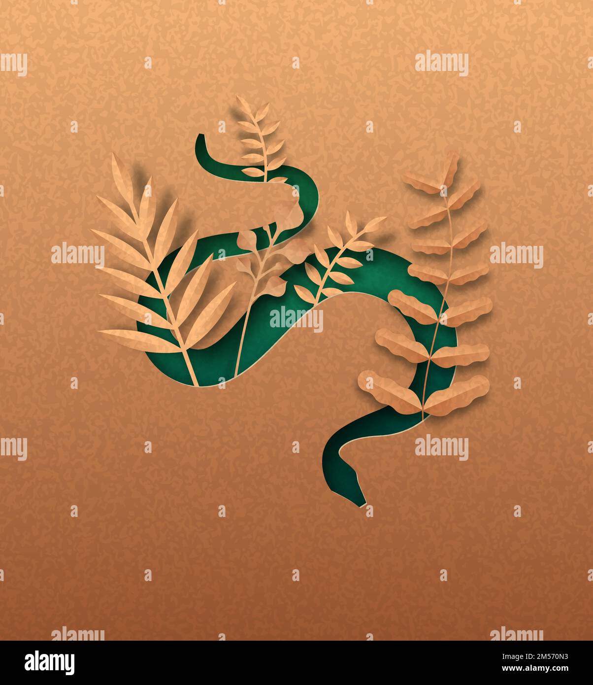 Serpente verde animale isolato silhouette in papercut con foglia di pianta tropicale all'interno. Taglio della visper della carta riciclata. Conservazione della fauna selvatica, giungla pr Illustrazione Vettoriale