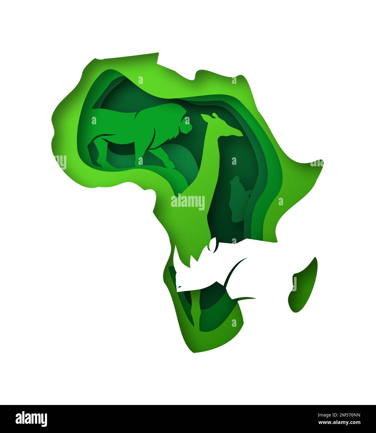 Illustrazione della mappa del continente africano verde in 3d realistico stile di taglio su carta con diversi animali selvatici. Africa eco safari concetto comprende giraffe, rinoc Illustrazione Vettoriale