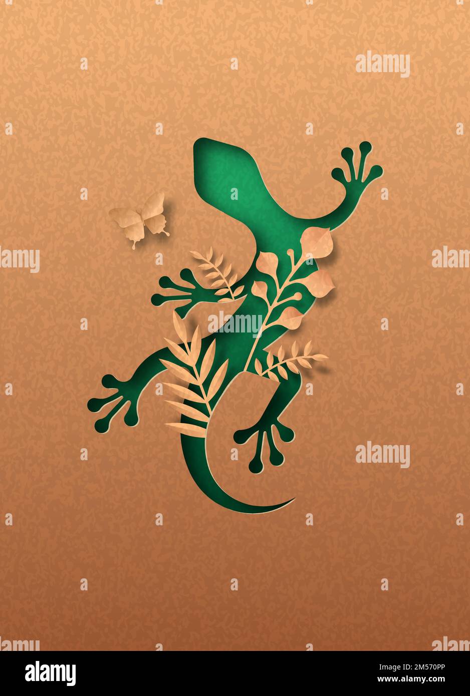 Geco verde isolato animale silhouette in papercut con foglia di pianta tropicale all'interno. Ritaglio della lucertola di carta riciclata. Conservazione della fauna selvatica, giungla p Illustrazione Vettoriale