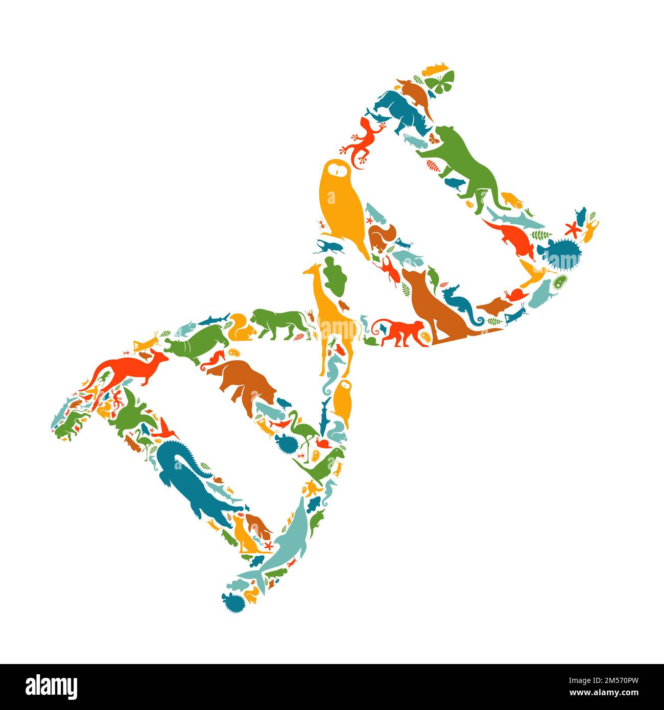 Diverse forme animali che fanno forma di filamento di DNA su sfondo bianco isolato. Illustrazione della silhouette degli animali piatti. Ricerca scientifica, biodiversità, o. Illustrazione Vettoriale