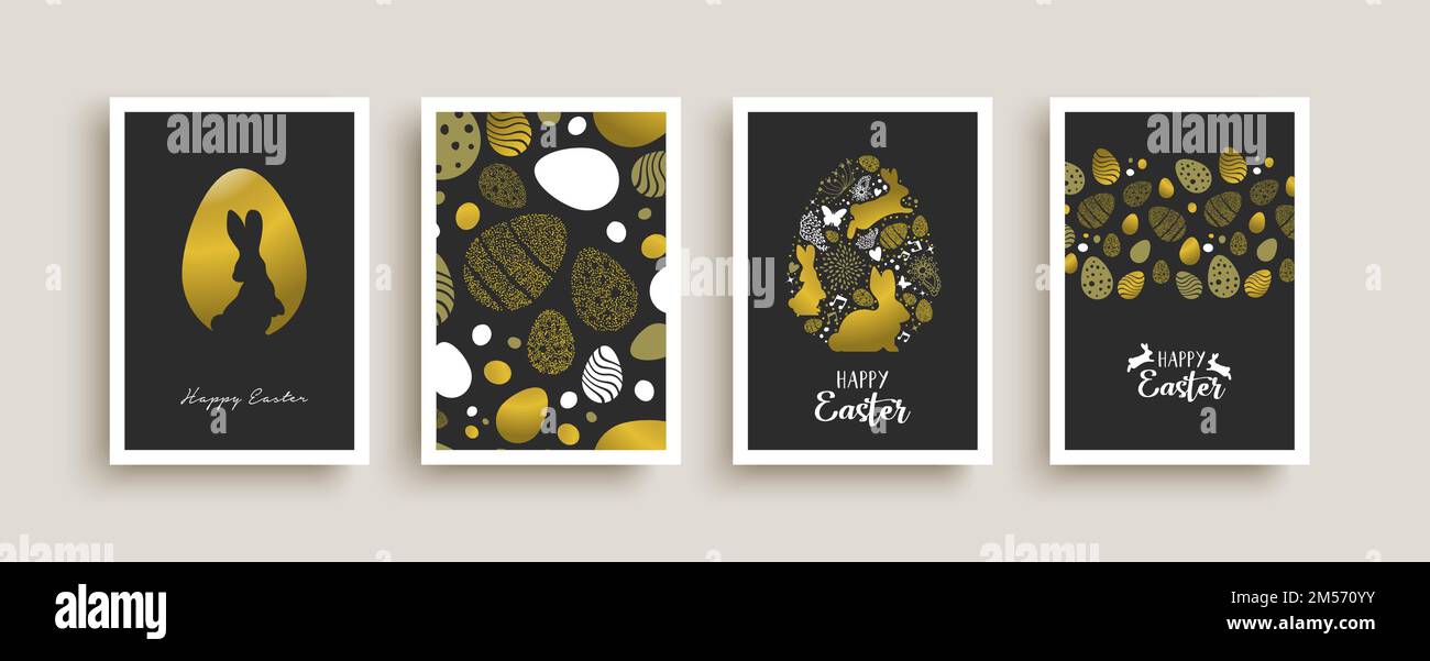 Set di illustrazioni per biglietti d'auguri di buona pasqua. Decorazioni di lusso con glitter in oro con coniglio, uova e fiori primaverili. Elegante evento vacanza nero invitati Illustrazione Vettoriale