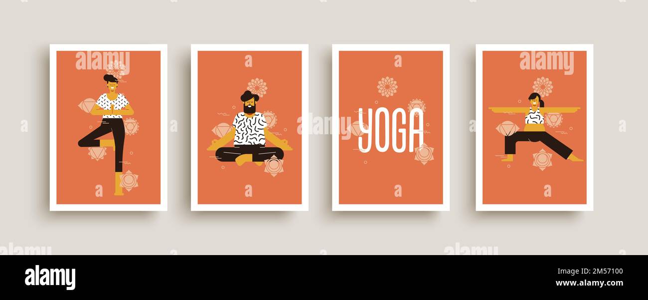 Yoga posa concept poster illustrazione collezione. Happy piatto cartone animato uomini e donne set carattere facendo diversa posizione di rilassamento esercizio. Illustrazione Vettoriale