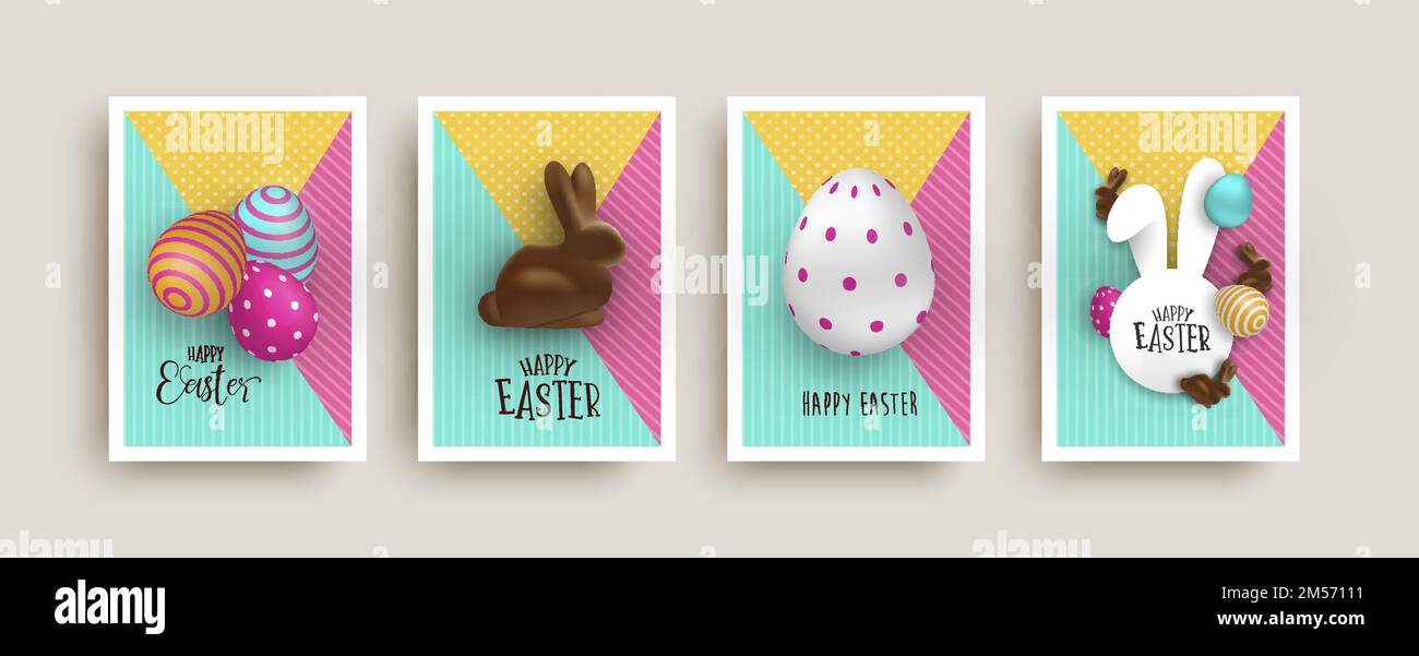 Set di illustrazioni per biglietti d'auguri di buona pasqua. Decorazioni 3d colorate con coniglio al cioccolato e uova. Collectio di invito per le vacanze dei bambini moderni Illustrazione Vettoriale