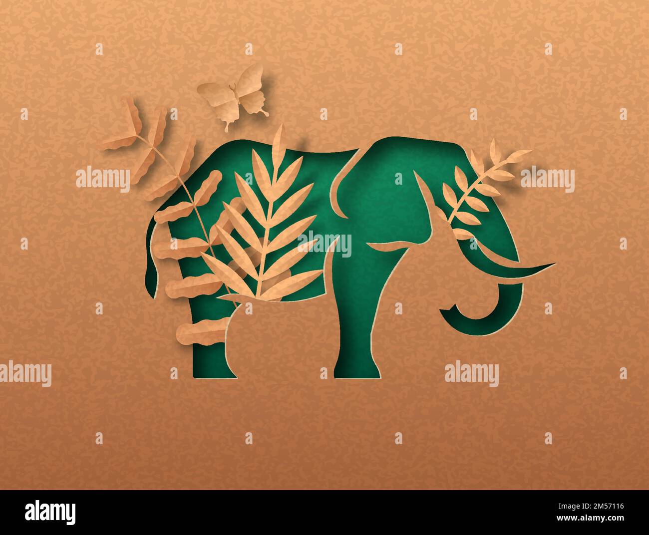 Elefante animale verde papercut illustrazione con foglia di pianta tropicale. Carta riciclata tessuto taglio concetto per la protezione della vita selvaggia, anti bracconaggio o. Illustrazione Vettoriale