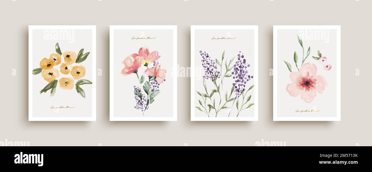 Bella collezione di bouquet di fiori acquerelli con citazione di testo in lingua francese. Arte natura Set per la stagione primaverile concetto, matrimonio invitat Illustrazione Vettoriale