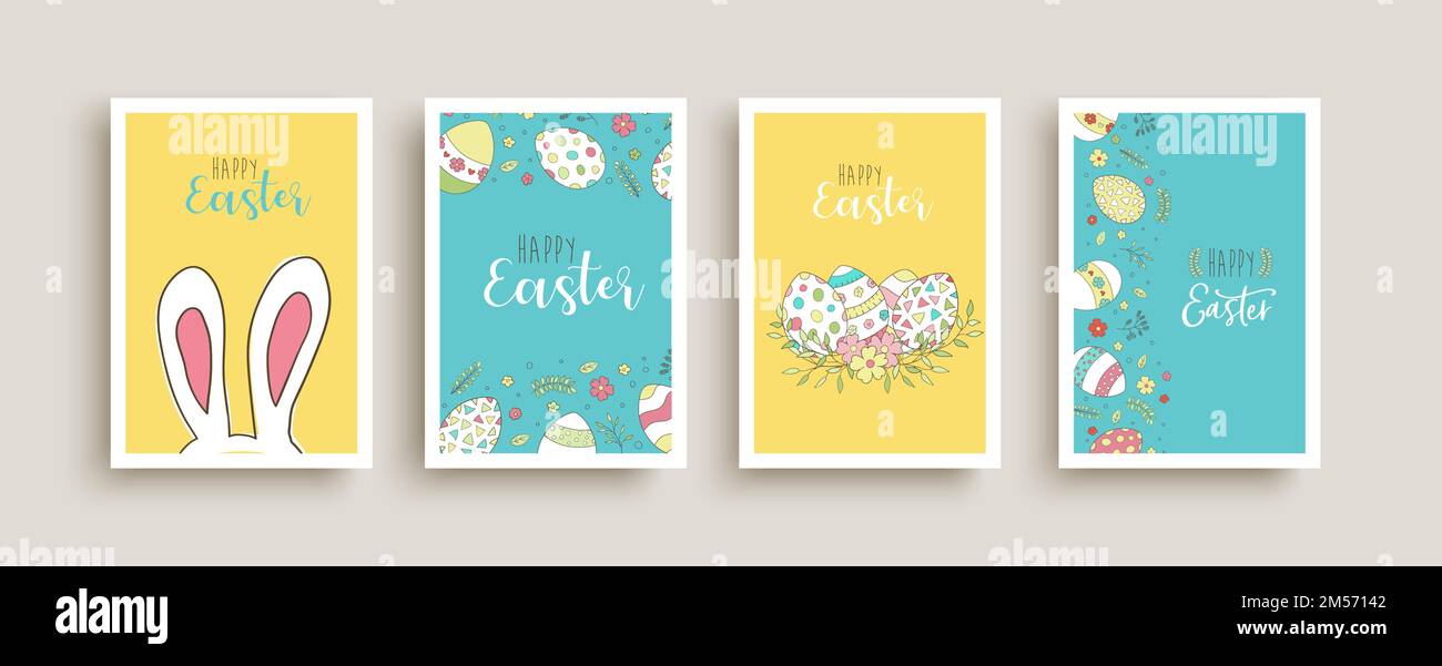 Set di illustrazioni per biglietti d'auguri di buona pasqua. Decorazione carina con coniglio, uova e fiori di primavera. Collec di invito per eventi natalizi disegnati a mano per bambini Illustrazione Vettoriale
