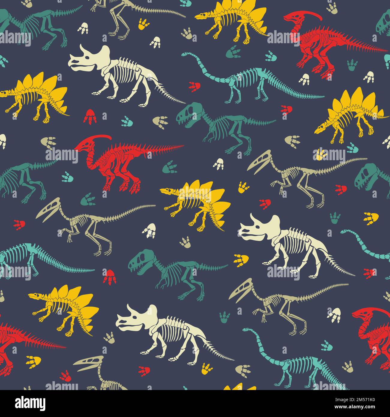 Pattern vettoriale senza giunture con scheletro di dinosauri. Illustrazione Vettoriale