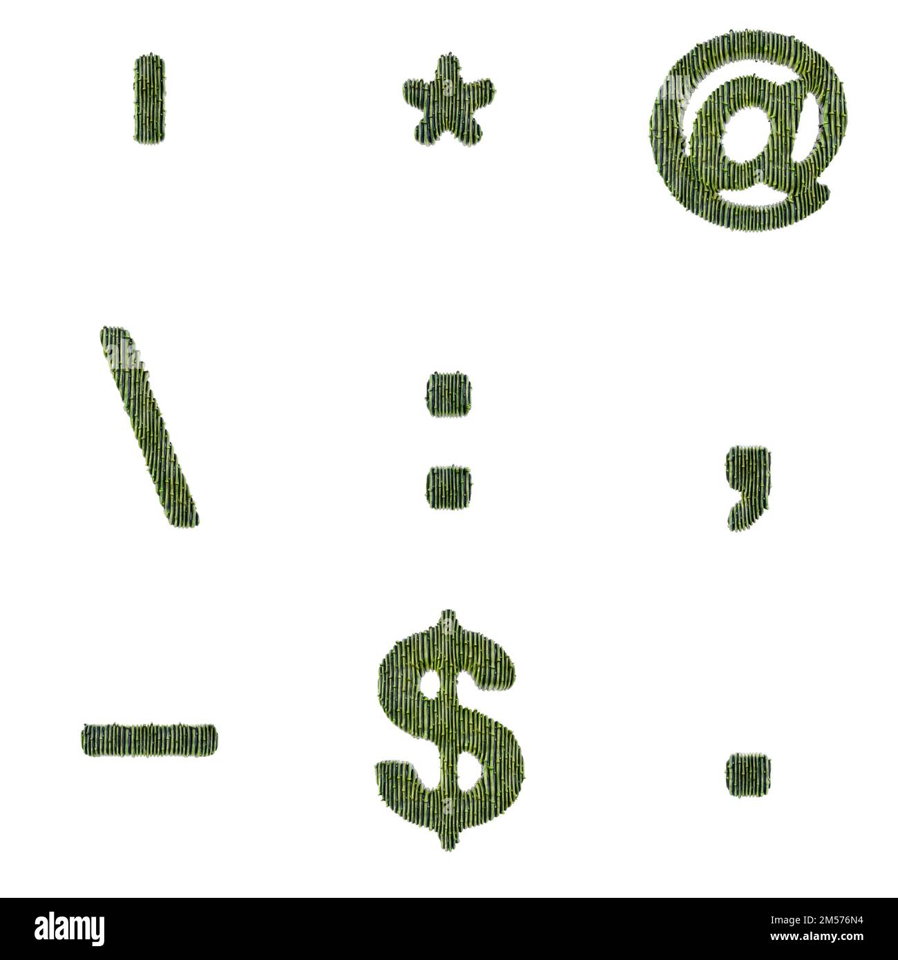 3D Set di rendering di caratteri bambù che include lettere, numeri e segni di punteggiatura isolati su sfondo bianco, incluso il tracciato incorporato in jpg per una maggiore facilità Foto Stock