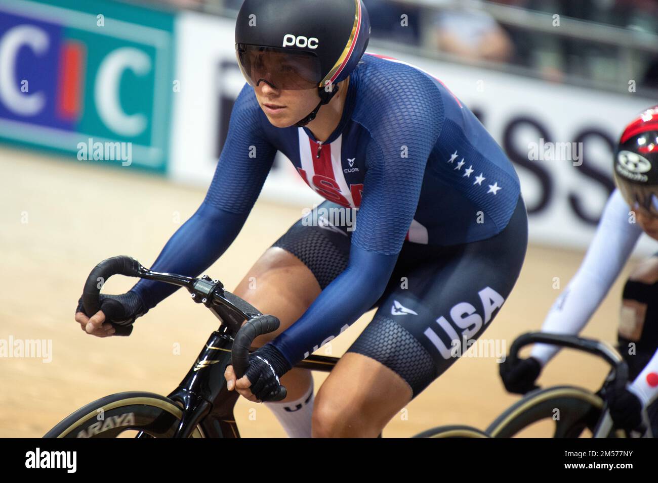 Jennifer Valente degli Stati Uniti vincendo l'omnium evento femminile, 2022 UCI Track Cycling World Championships. Foto Stock