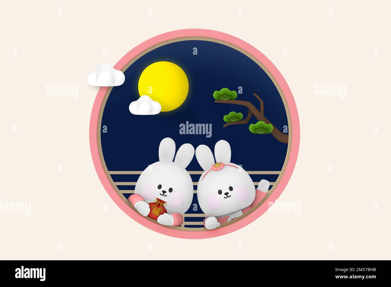 3d reso grafico carattere di cute coniglio saluto nuovo anno, 2032 Foto Stock