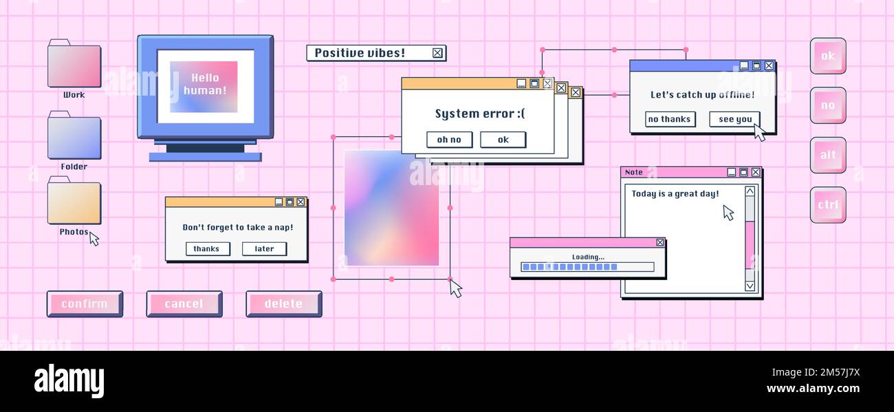 Interfaccia computer retrò, schermo digitale con finestre, pulsanti, riquadri dei messaggi. Elementi di sistema per pc desktop in stile Y2K, cartoni animati vettoriali su sfondo rosa Illustrazione Vettoriale