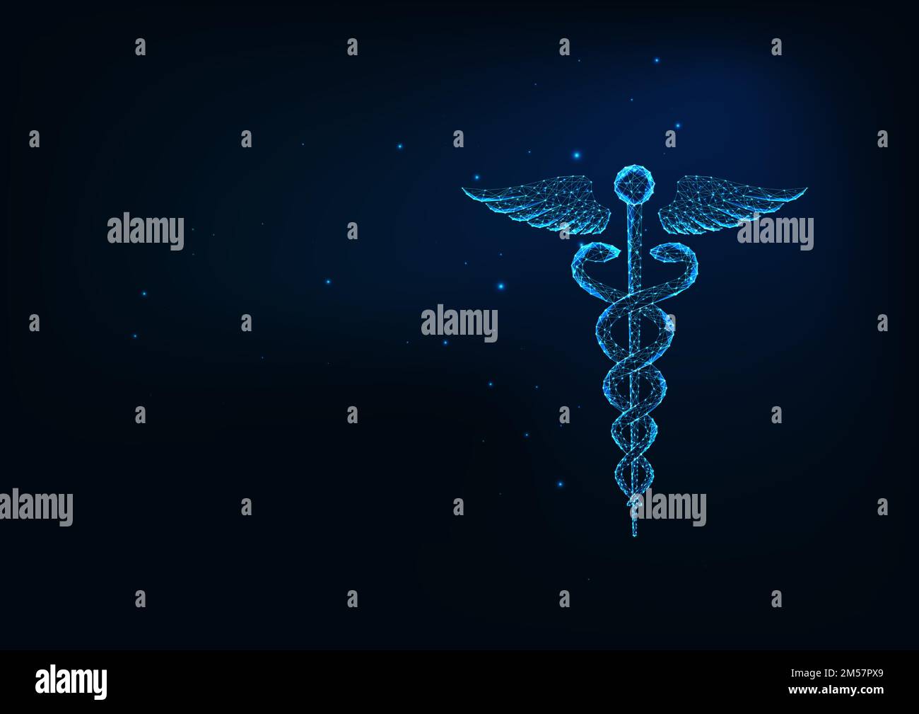 Simbolo medico futuristico di Caduceo basso poligonale con ali, verga e serpenti isolati su sfondo blu scuro. Struttura a rete in filo d'acciaio moderna Illustrazione Vettoriale