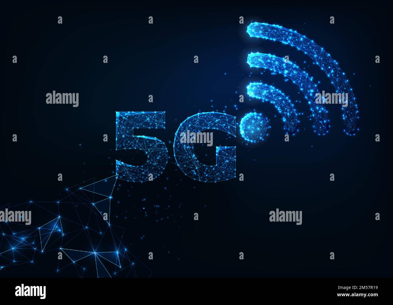 Futuristico connessione internet wireless 5g concetto di tecnologie innovative con basso poligono luminoso 5g e simboli WiFi su sfondo blu scuro. Modalità Illustrazione Vettoriale