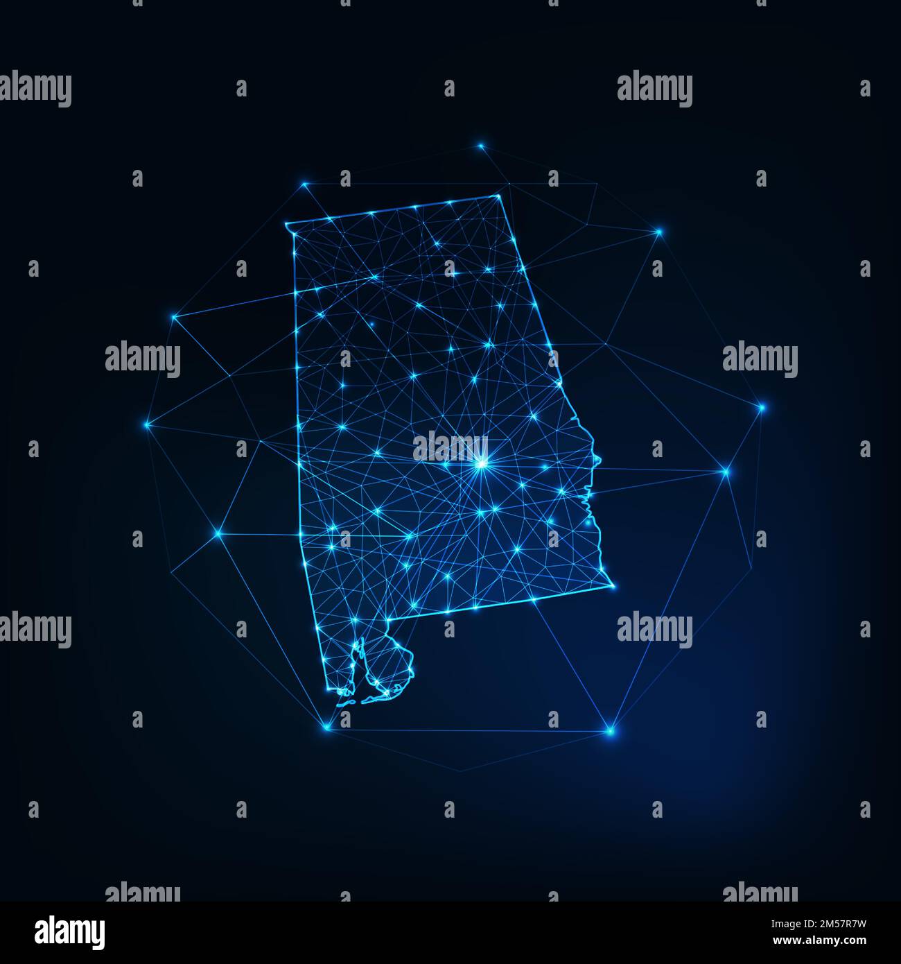 Alabama state USA map silhouette incandescente contorno fatto di stelle linee punti triangoli, forme poligonali basse. Comunicazione, tecnologie internet concep Illustrazione Vettoriale