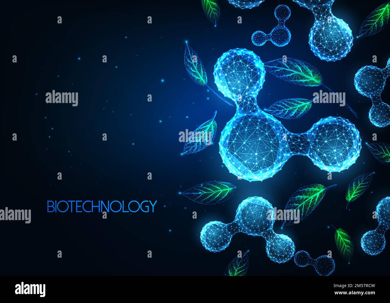 Biotecnologia futuristica, concetto di banner scientifico della chimica verde con molecole d'acqua a bassa poligonale e foglie verdi su sfondo blu scuro. Illustrazione Vettoriale