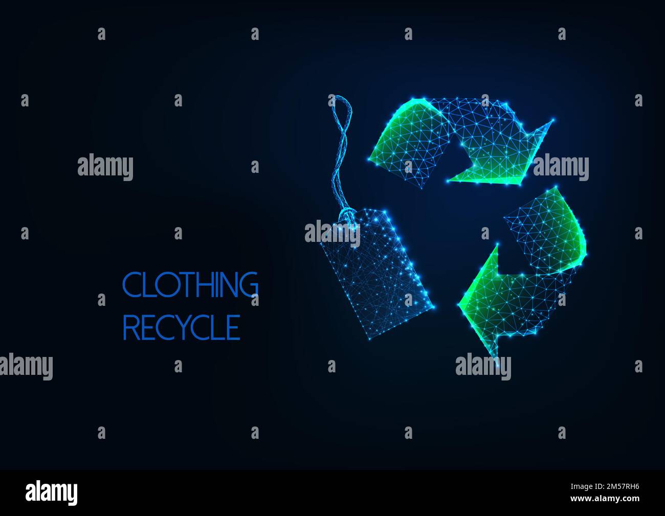 Futuristico basso poly verde riciclare segno con prezzo al dettaglio tag su sfondo blu scuro. Materiale sostenibile, abbigliamento da tessuto riciclato. Mod Illustrazione Vettoriale