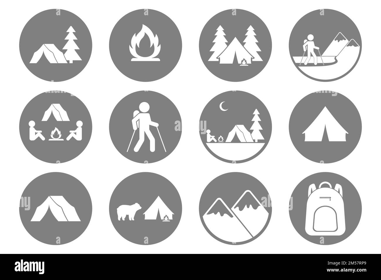 Icone del turismo. Trekking, trekking, alpinismo, backpacking, camping simboli. Vettore. Illustrazione Vettoriale