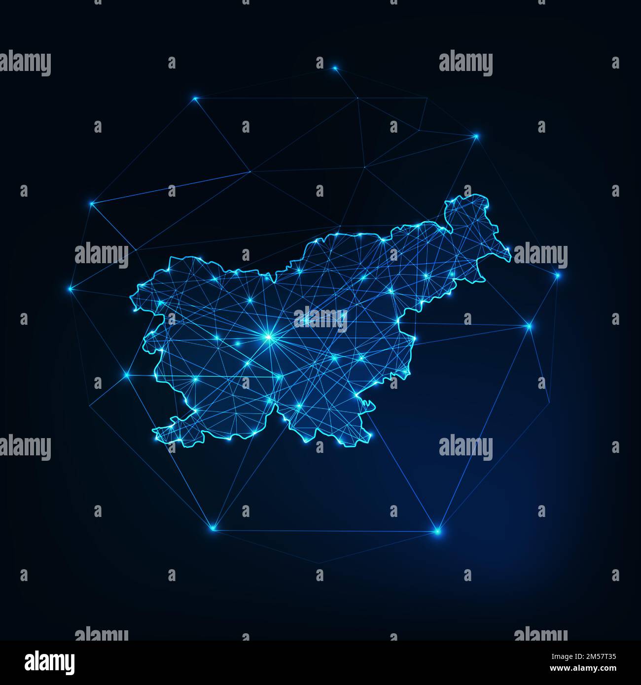 Mappa della Slovenia contorno con stelle e linee quadro astratto. Comunicazione, concetto di connessione. Moderna e futuristica poligonale bassa, struttura a filo, linee e Illustrazione Vettoriale