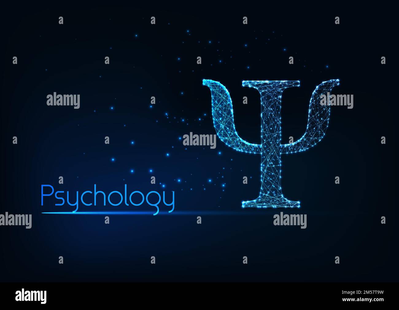 Futuristico incandescente basso poligonale psi greco lettera, simbolo di psicologia scienza e terapia isolato su sfondo blu scuro. Moderna struttura in filo d Illustrazione Vettoriale