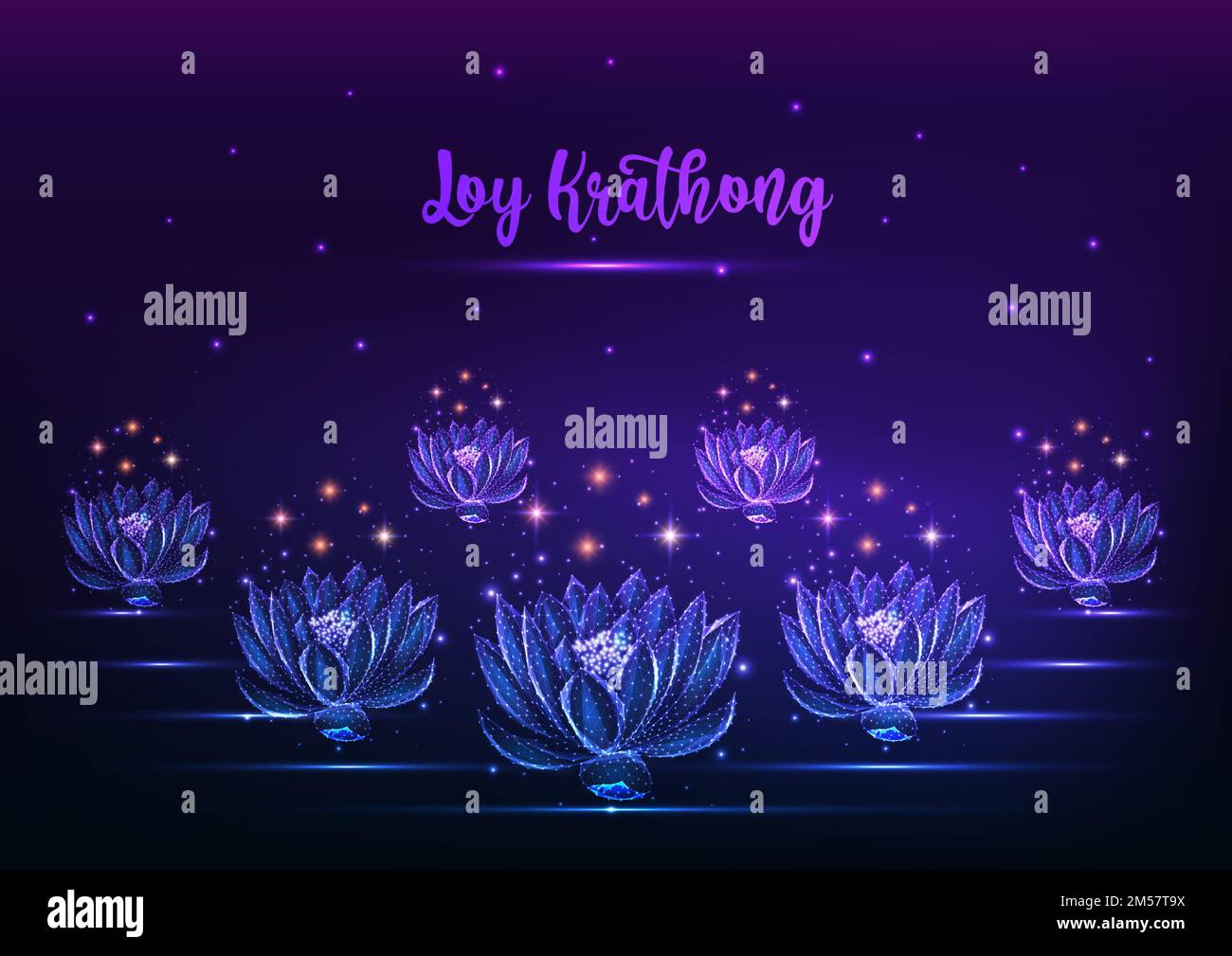 Loy Krathong tai festival web banner modello con galleggiante incandescente basso poligonale loto acqua giglio fiori e cielo stellato su sfondo blu scuro viola Illustrazione Vettoriale