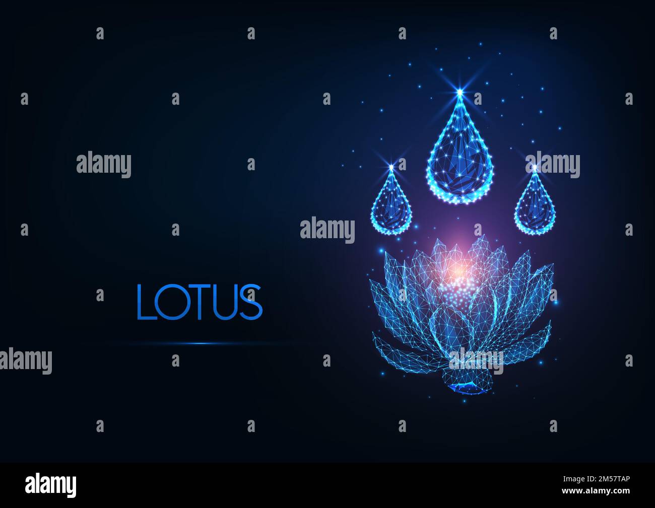 Futuristico basso poligonale loto fiore di giglio d'acqua con gocce d'acqua e stelle su sfondo blu scuro. Spiritualità, concetto di armonia. Moderno con Illustrazione Vettoriale