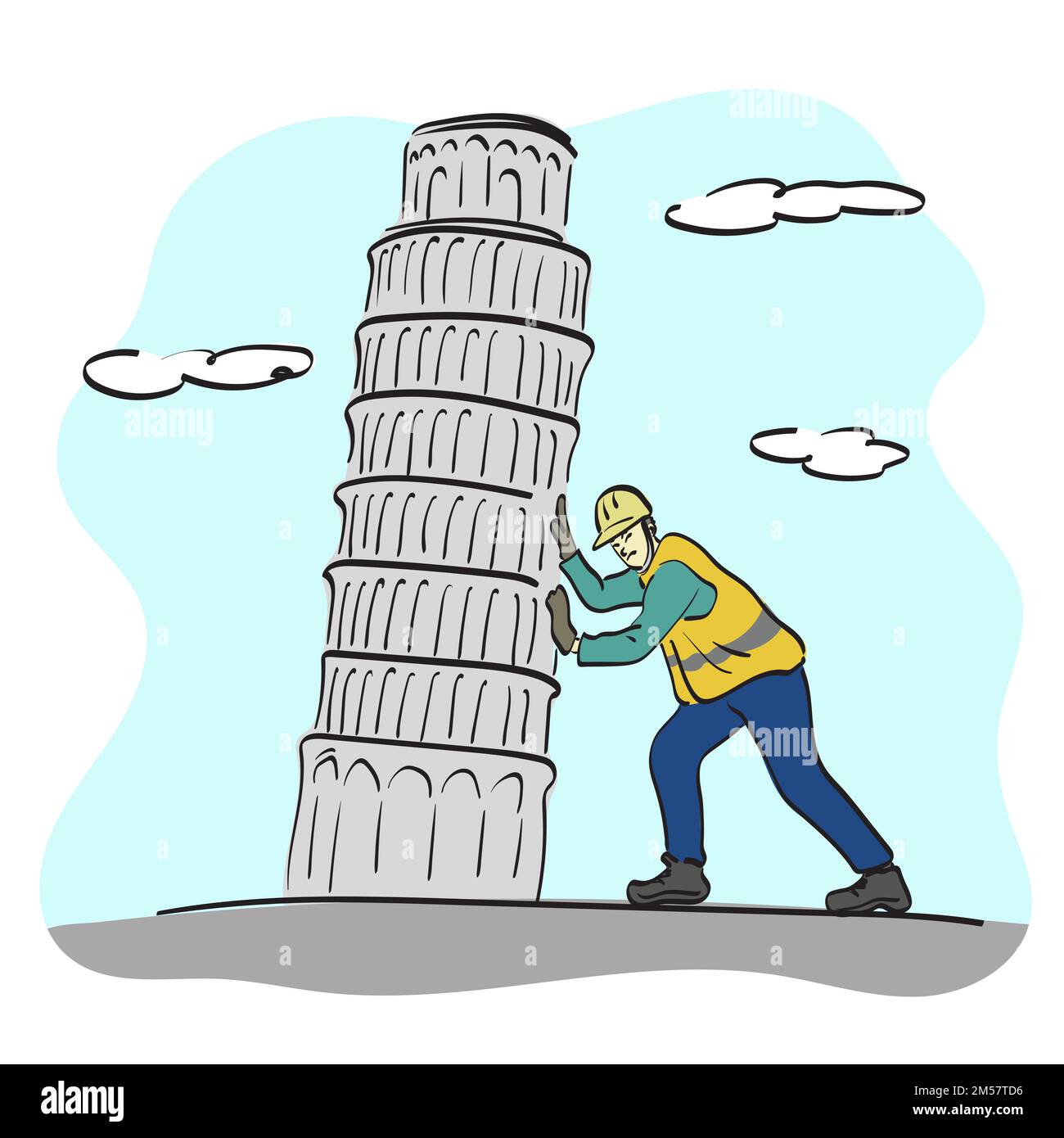 lavoratore di costruzione con elmetto cercando di spingere la torre pendente pisa illustrazione vettore disegnato a mano isolato su sfondo bianco linea d'arte Illustrazione Vettoriale