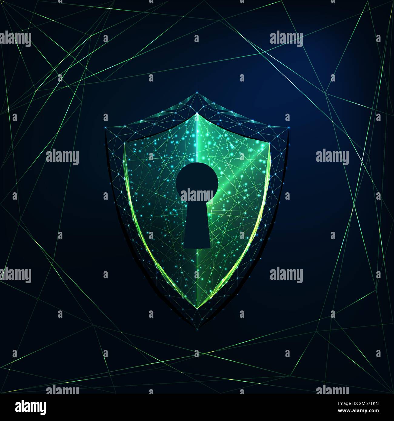 Futuristico luminoso basso schermo poligonale con keyhole isolato su sfondo blu scuro. Sicurezza informatica, accesso a Internet sicuro. Moderna struttura in filo Illustrazione Vettoriale