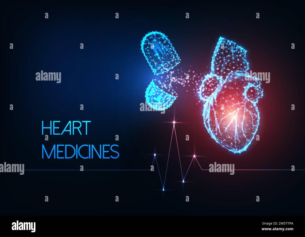 Futuristico incandescente basso poligonale cuore umano e capsule pillole farmaci su sfondo blu scuro. Concetto di farmaci per attacco di cuore. Moderna struttura in filo Illustrazione Vettoriale