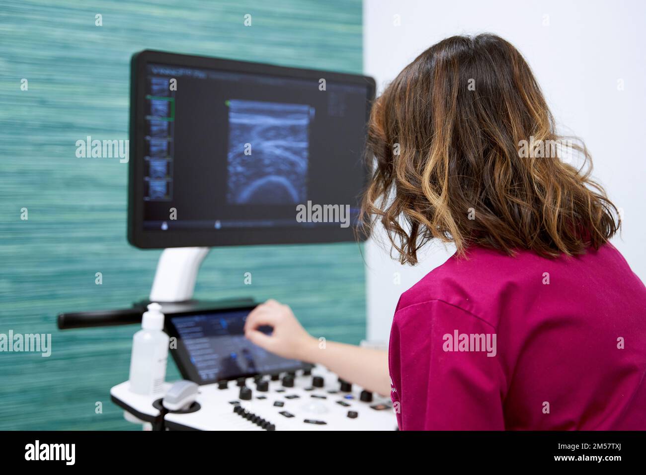 Medico di sesso femminile che utilizza uno scanner a ultrasuoni in un centro medico. Medicina e concetto di salute. Foto Stock