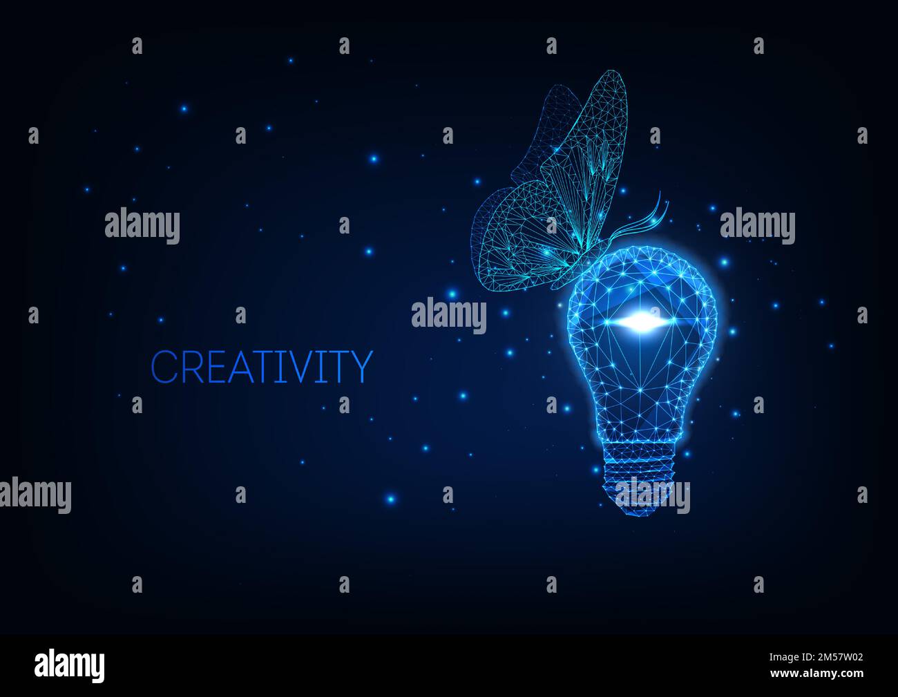 Concetto di idea ecologicamente amichevole futuristico con lampadina luminosa poligonale bassa e farfalla seduta su sfondo blu scuro. Telaio in filo moderno m Illustrazione Vettoriale